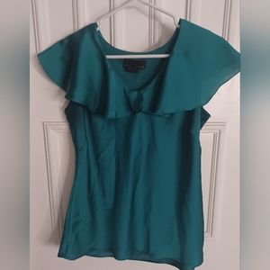 Attention Green Shiny Flared Shoulder Short Sleeve. Shirt Top Size Medium